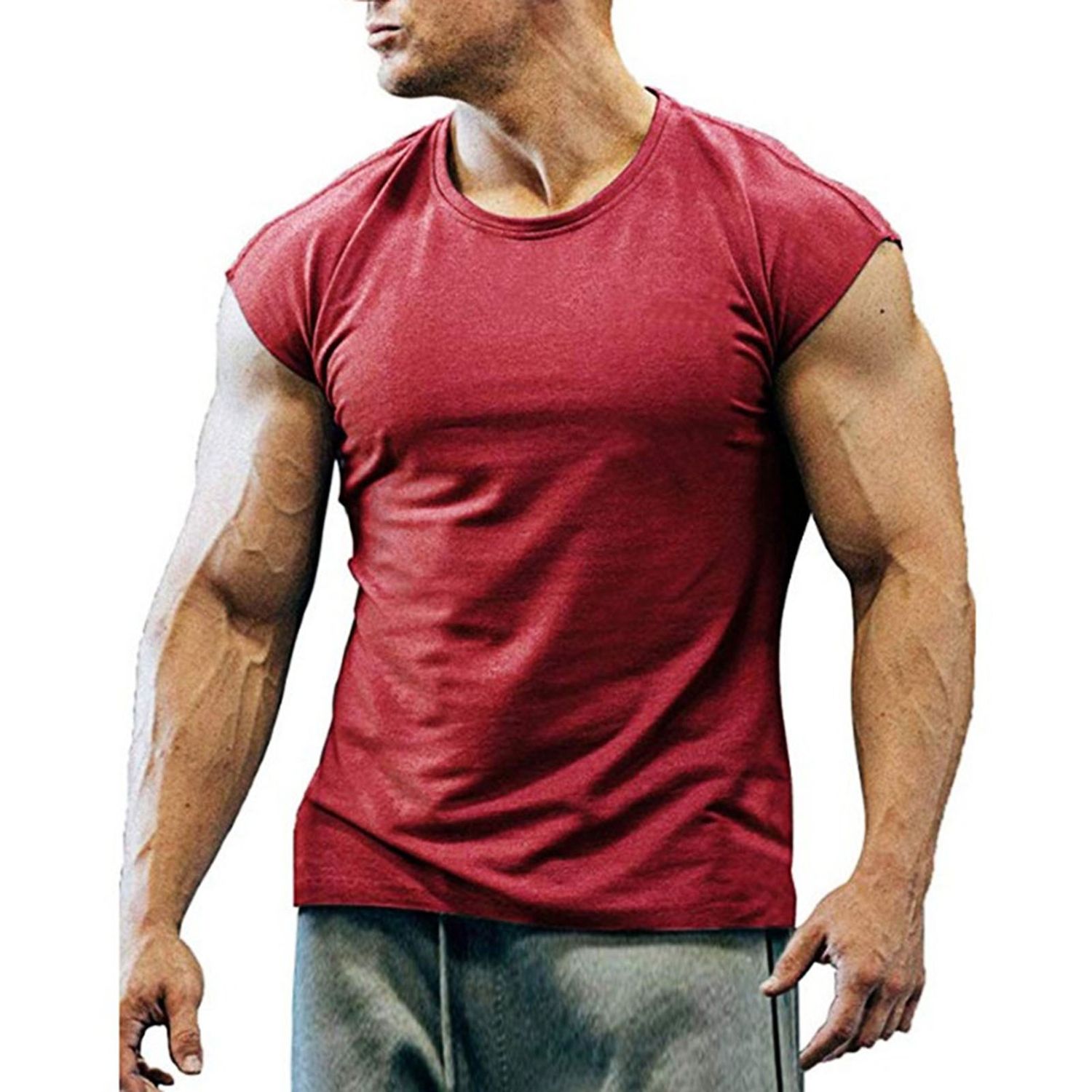 Men T-shirt Solid Color Breathable Summer Round Neck Sleeveless Top for Fitness