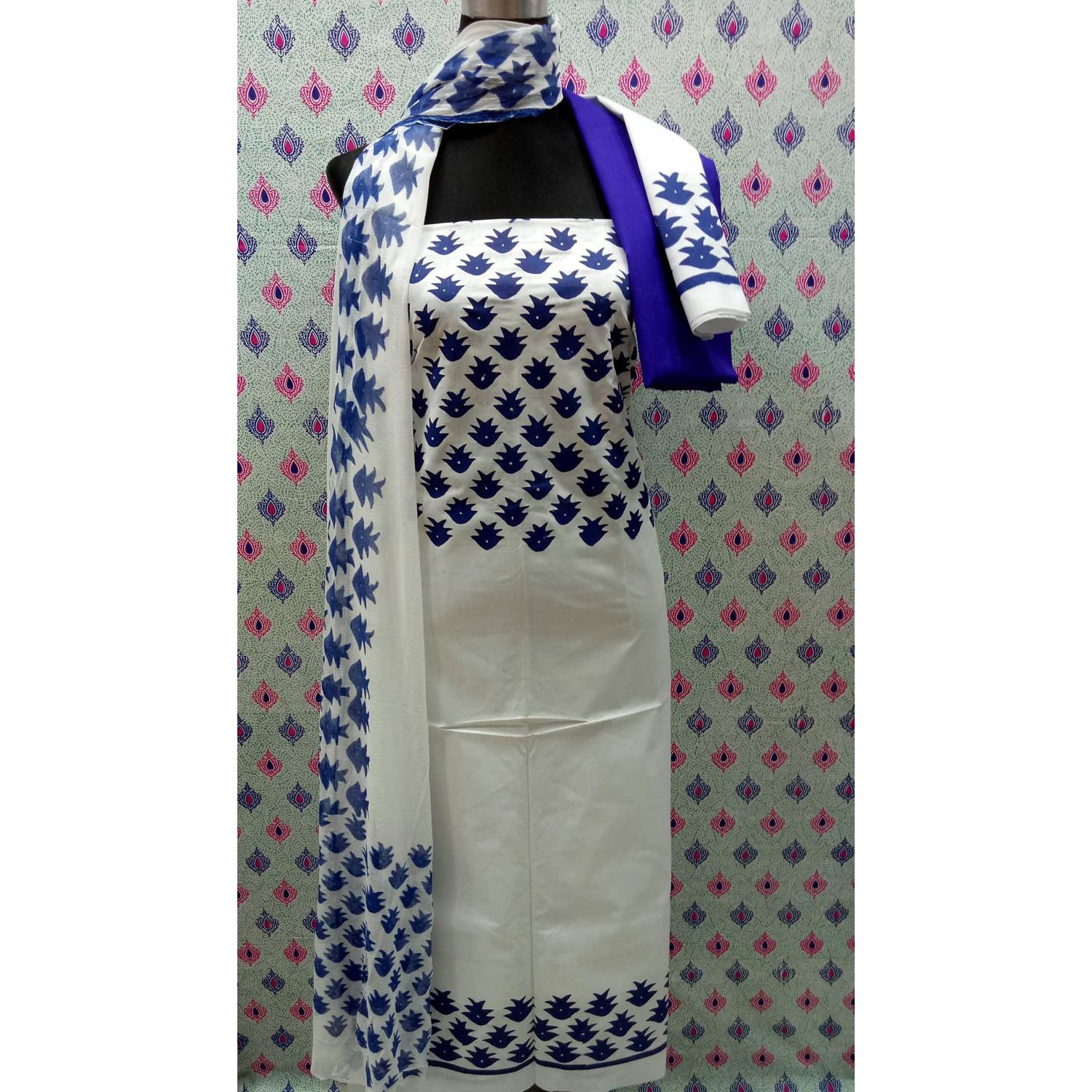 Unstitched White Color Cotton screen Printed Salwar Kameez for Women