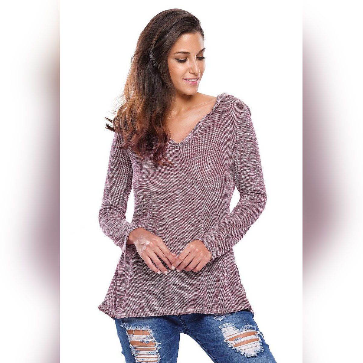 Burgundy Hooded V-Neck Long Sleeve Loose Knitted Top
