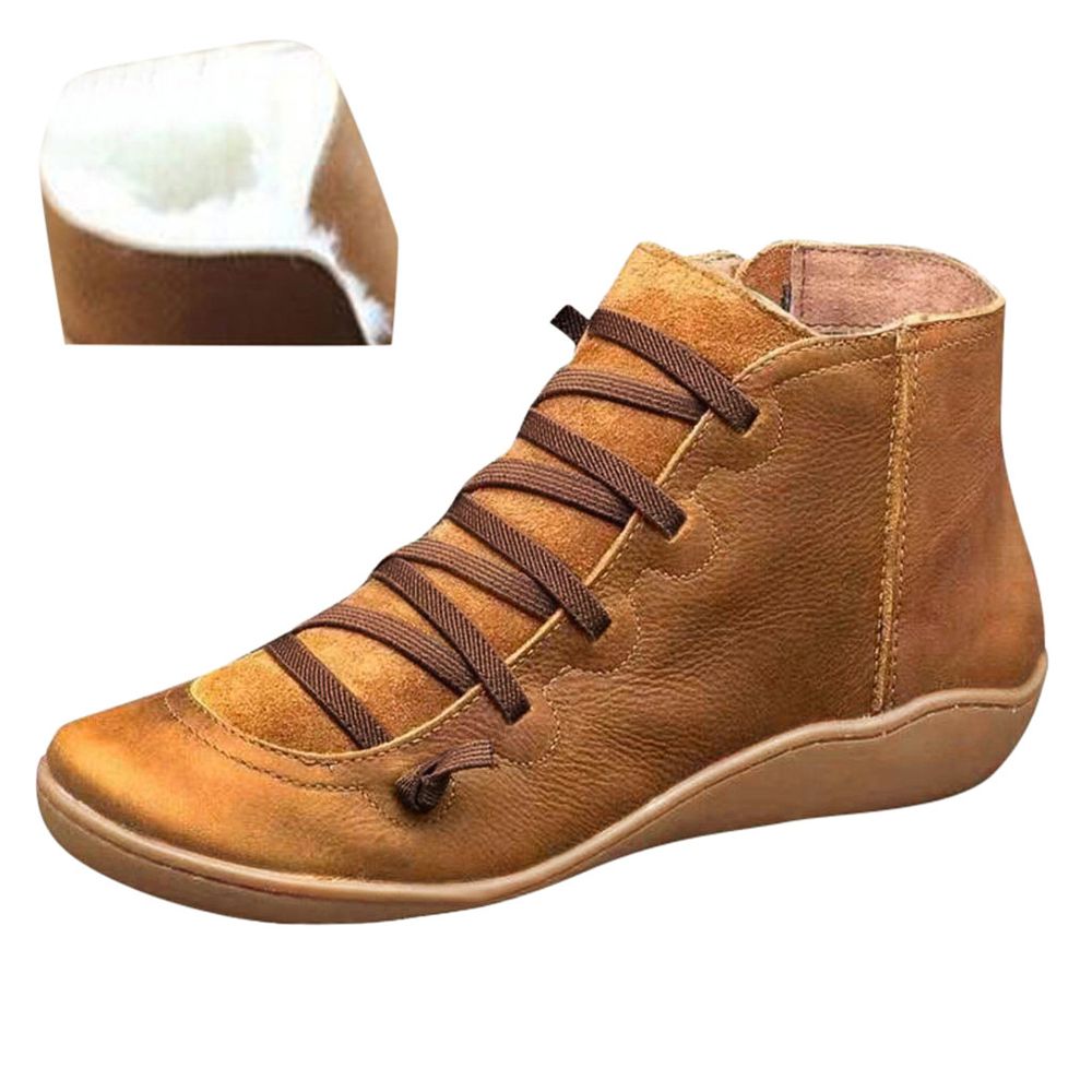 【ALLGOOD】Women Casual Flat Leather Retro Lace-Up Boots Side Zipper Plus Velvet Shoe Boots