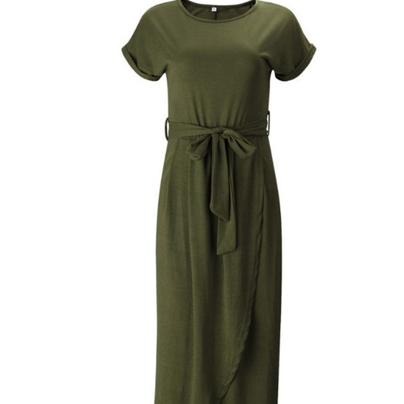 WomenFashion Short Sleeve High Waist Dress Casual Lace-up Solid Color Dresses for Ladies