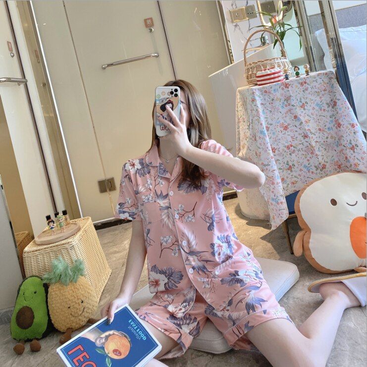 Cotton pajamas women summer long-sleeved trousers two-piece suit women's satin loose printed home wear casual fashion pajamas
