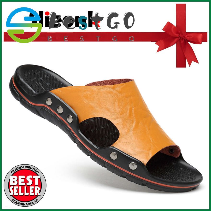 Summer Fashion Men's Cow leather Flip Flops Beach Sandals for Men Leather Flat Slippers Non-slip Shoes Soft Sole Sandal Flip Flops Pantai Lelaki