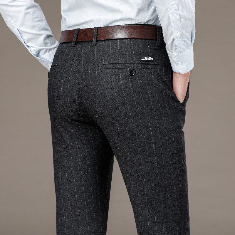 Autumn Winter Mens Pants Straight Striped Suit Pant Clothing Office Formal Trousers for Man Gray Black blue
