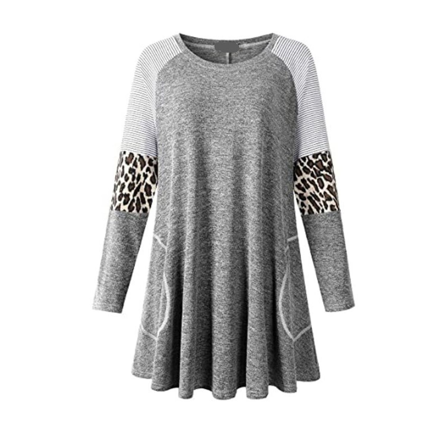Women Long Sleeve Patchwork Tops, Casual Round Neck Leopard Striped Color Block Loose Tunics