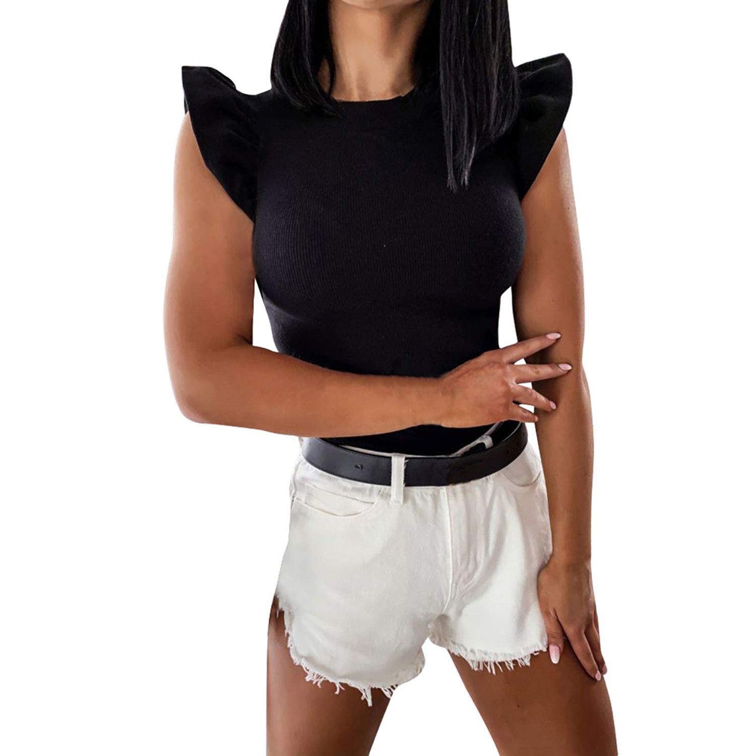 Women Girls Fly Sleeve Solid Color Top Summer Fashion Round Neck Tops for Ladies