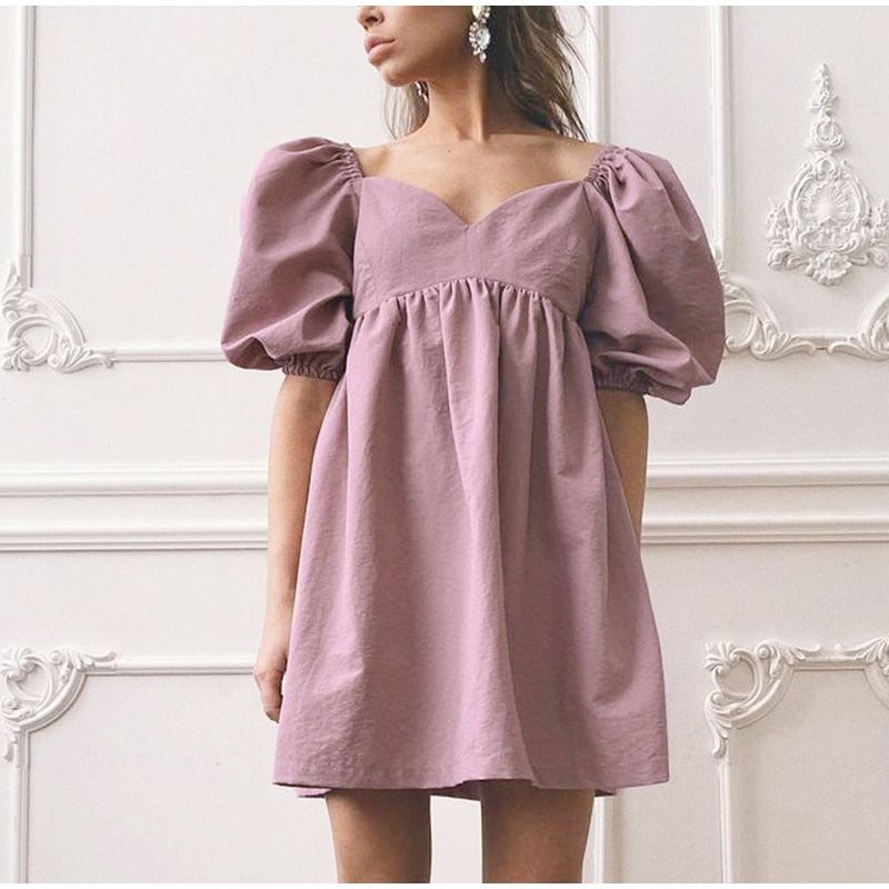 Green O Neck Casual Women Dress Lantern Short Sleeve Solid PiMini Dress Ladies Elegant A Line Summer Dresses Cotton 2021