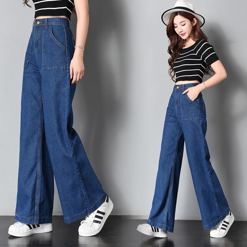 Spring Summer Fashion Korean High Waist Women Wide Leg Jeans Pants Size S-XL