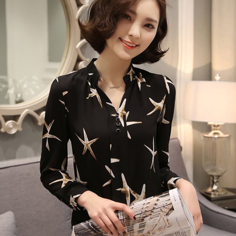 Autumn Women Fashion Long Sleeves Slim Sea Star Prints V-neck Chiffon Shirt
