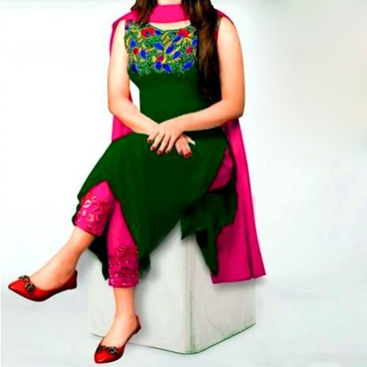 Unstitched Dark Green Georgette Embroidery Work Salwar Kameez For Women