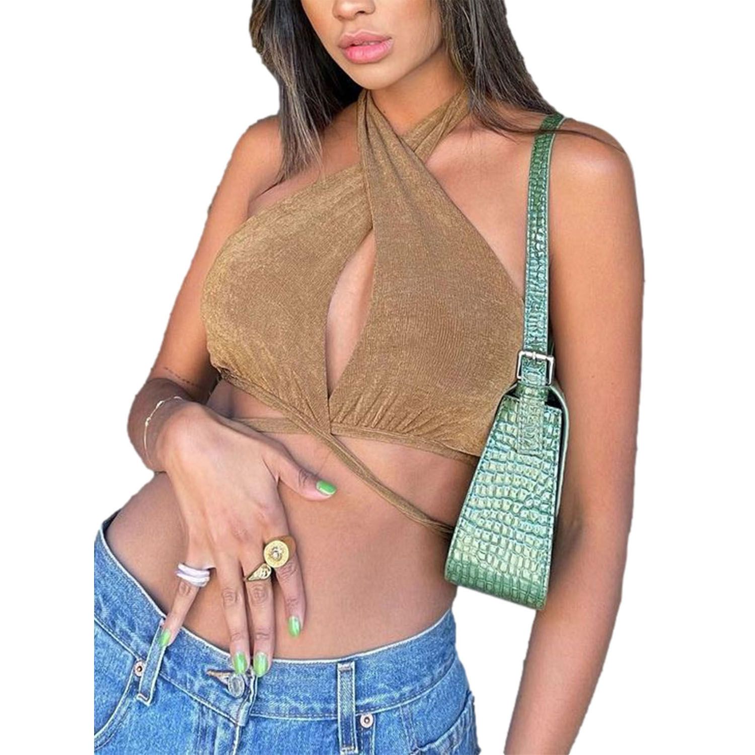 Women’s Fashion Solid Color Vest  Halter Hollow Tie-up Exposed Navel Suspender Tops