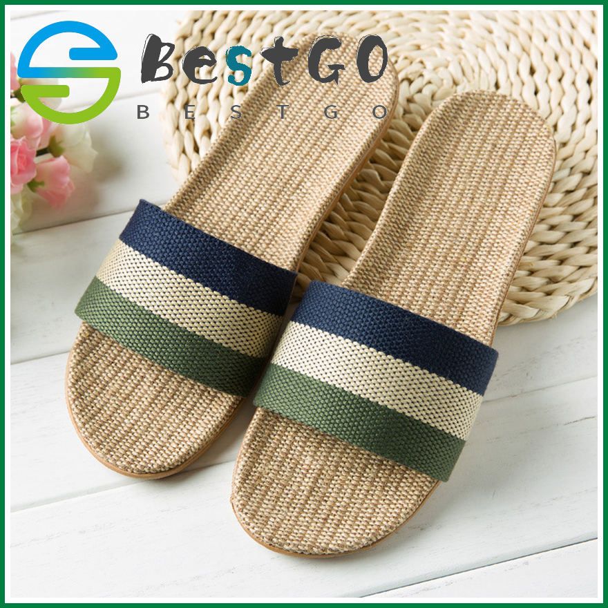 House Slippers Women's Casual Fashion Anti-slip Linen Home Indoor Open Toe Flat Shoes Beach Slippers