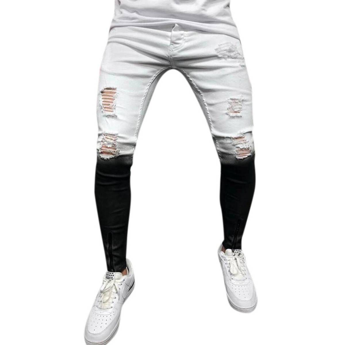 Gradient Color Ripped Jeans Men Casual Slim Fit Mens Skinny Jeans Hip Hop Zipper Denim Pants Trousers XL