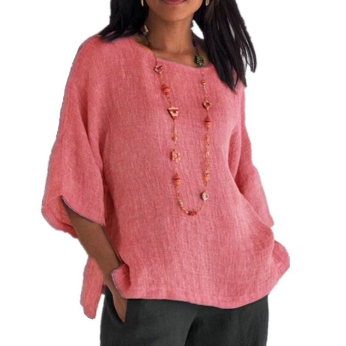 Women Shirt 3/4 Sleeves Crew Neck Round Neck Blouse