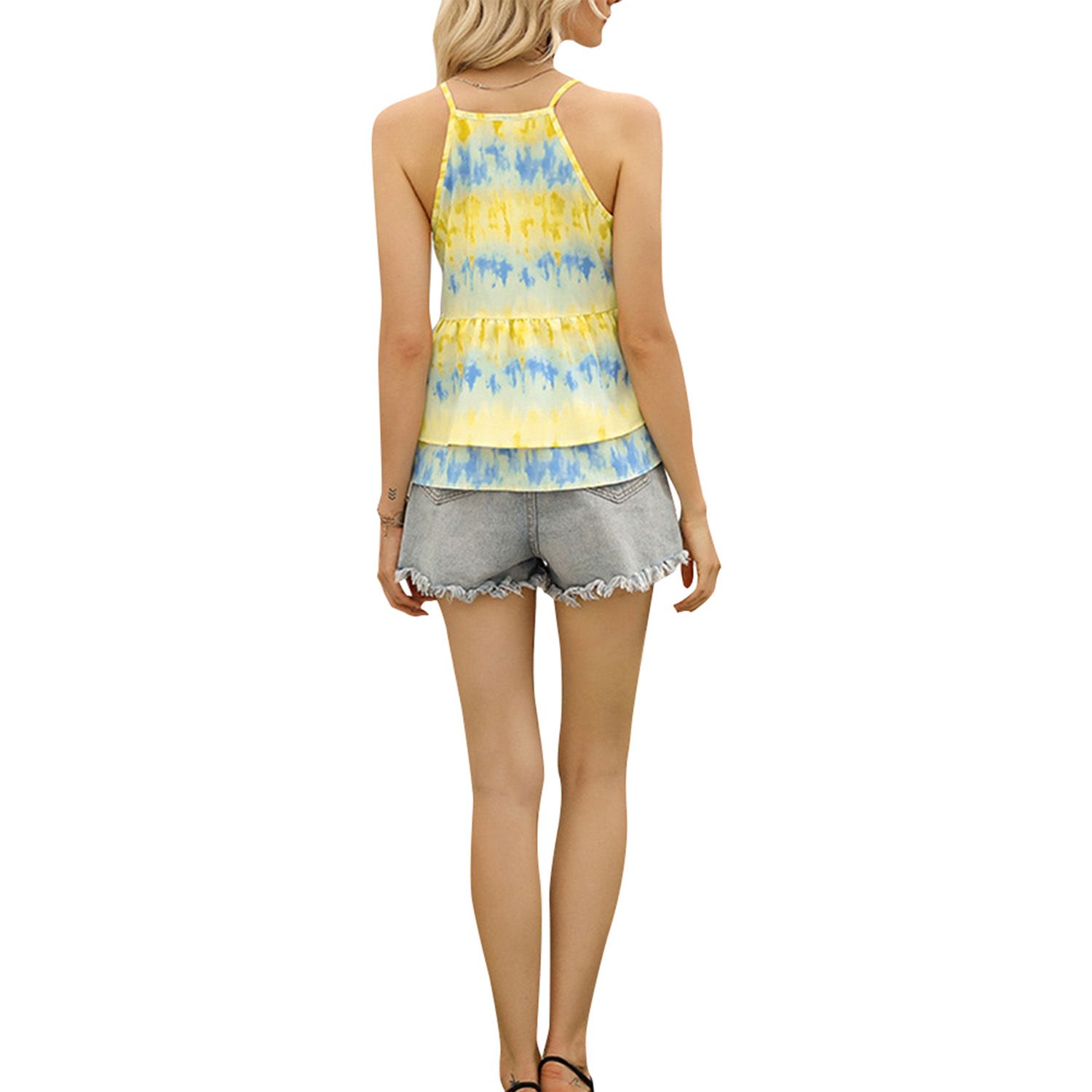 Women's Tie-Dye Sleeveless Camisole  Fashion V-Neck Ruffled Backless Casual Vest
