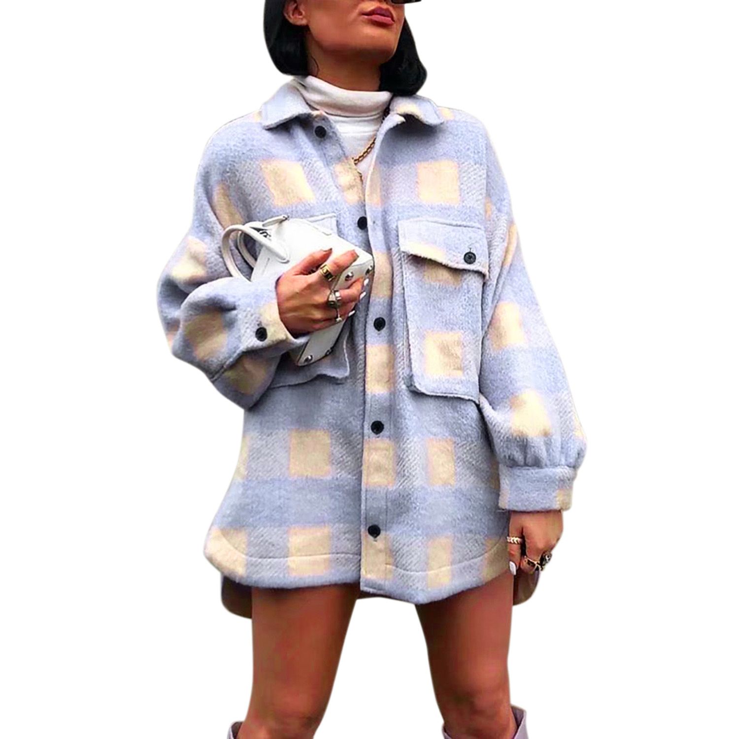 Women's Button Down Jacket, Classic Long Sleeve Plaid Print Lapel Coat with Pockets