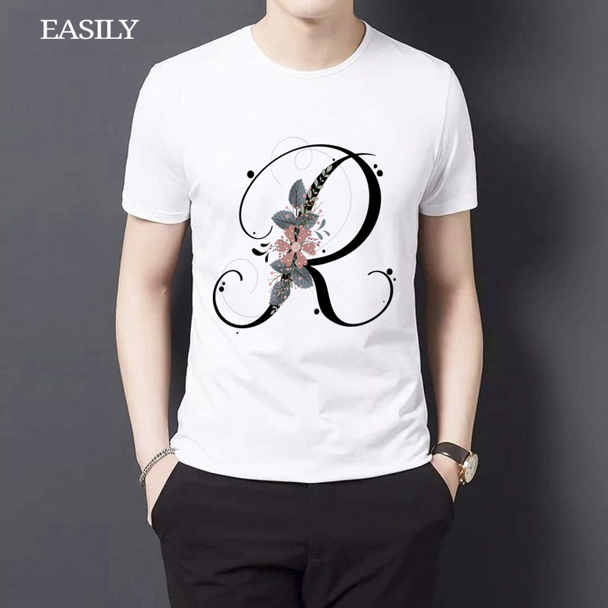 Floral Alphabet Letters A to Z White Color T-Shirt for Men's - T Shirt For Man