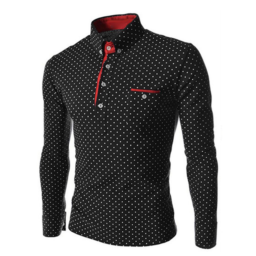 Fashion Men Solid Color Polka Dot Print Buttons up Cotton Pullover Slim Shirt