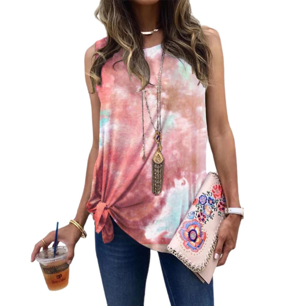 Women Tie Dye Sleeveless Twist Knot Round Neck Blouse T-Shirt