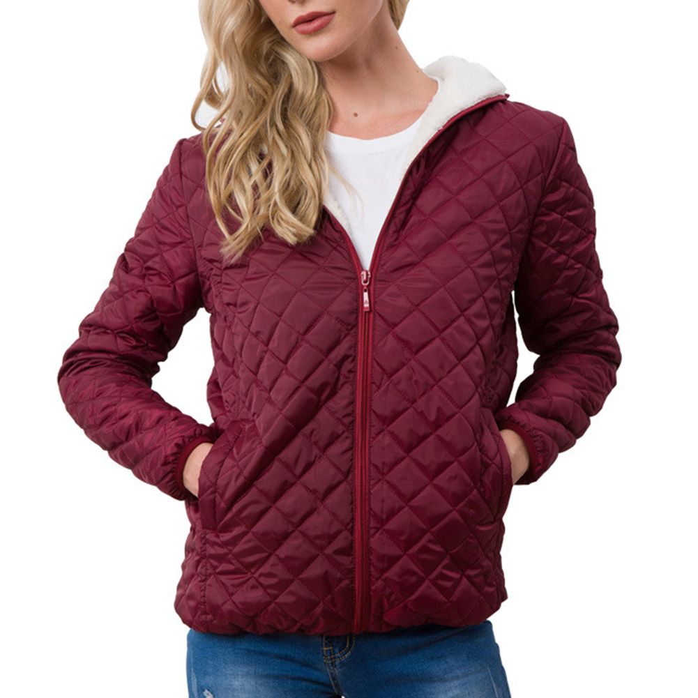 Casual Women Winter Solid Color Pockets Zipper Fleece Lined Warm Hooded Coat