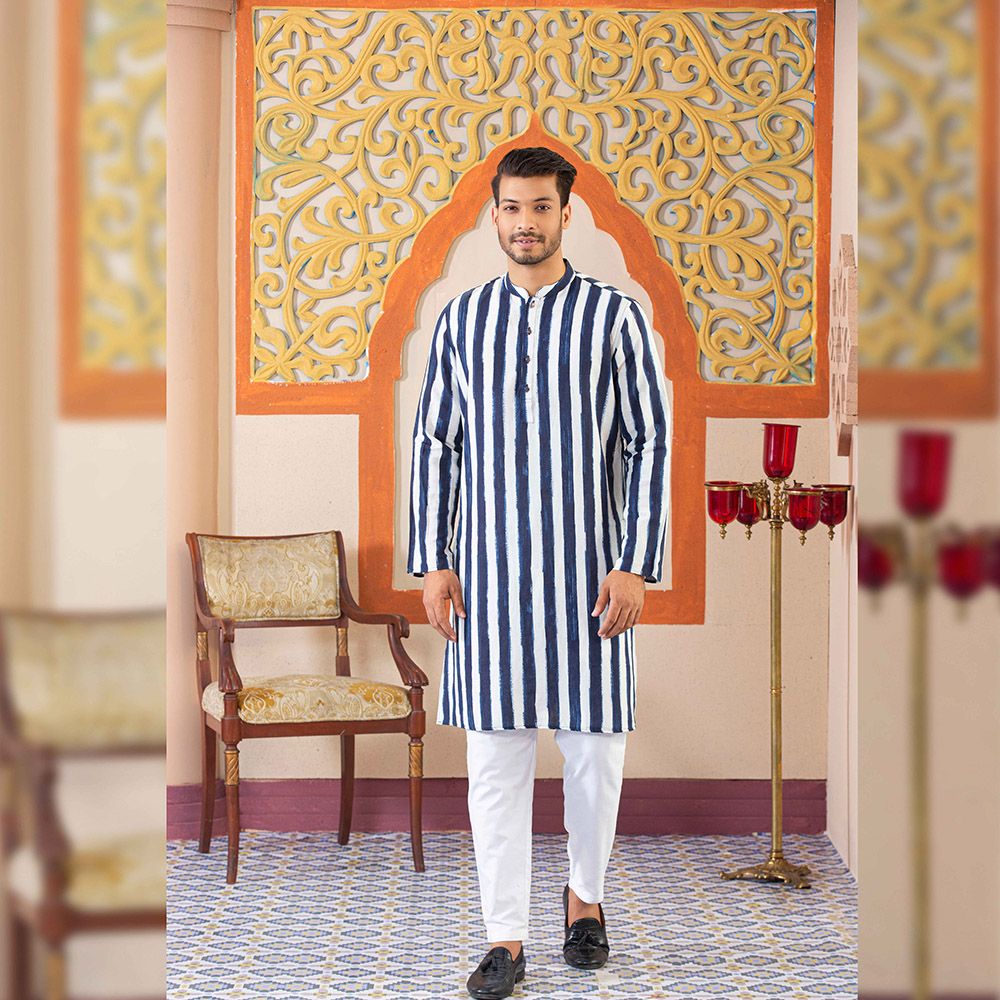 Demand Blue Striped Soft Cotton Slim Fitted  Panjabi