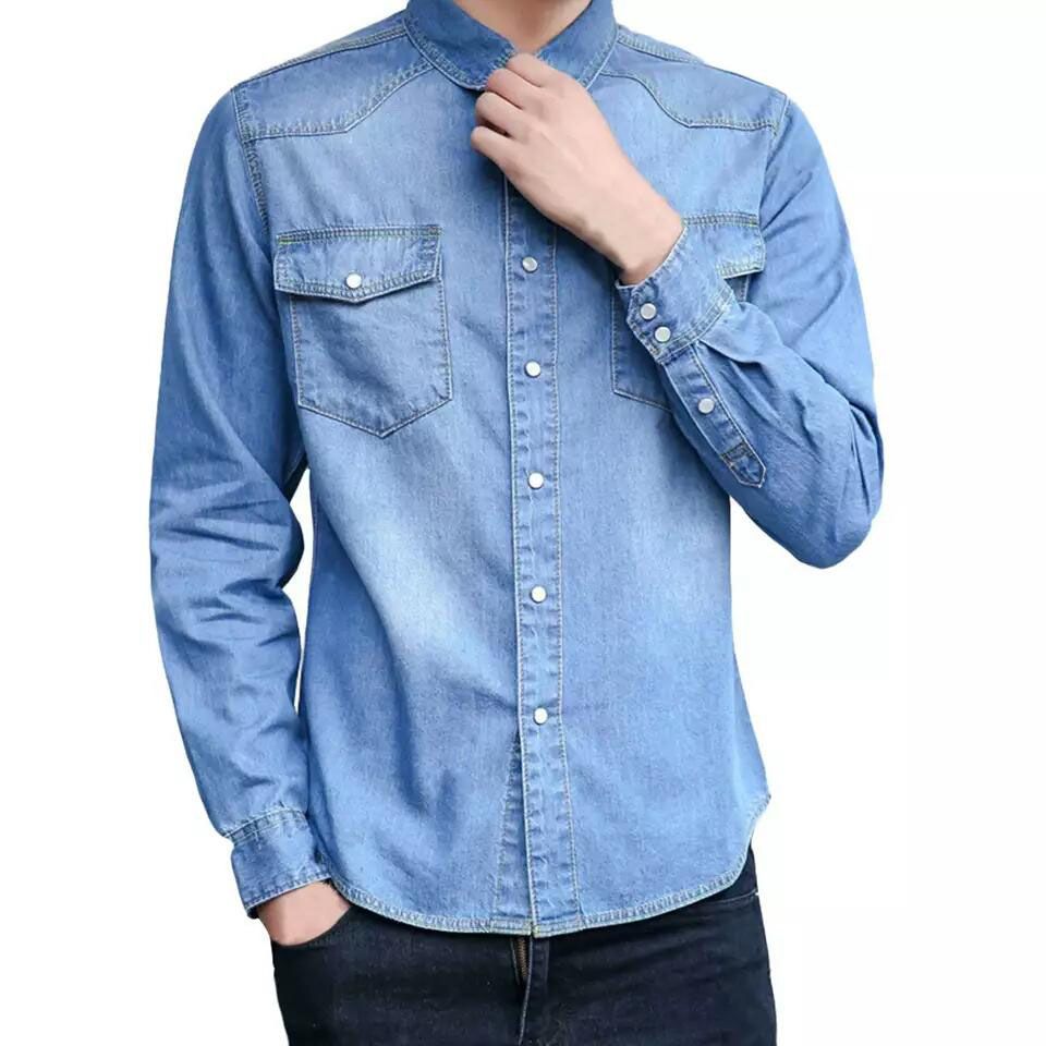 Sky blue denim long sleeve casual shirt for men