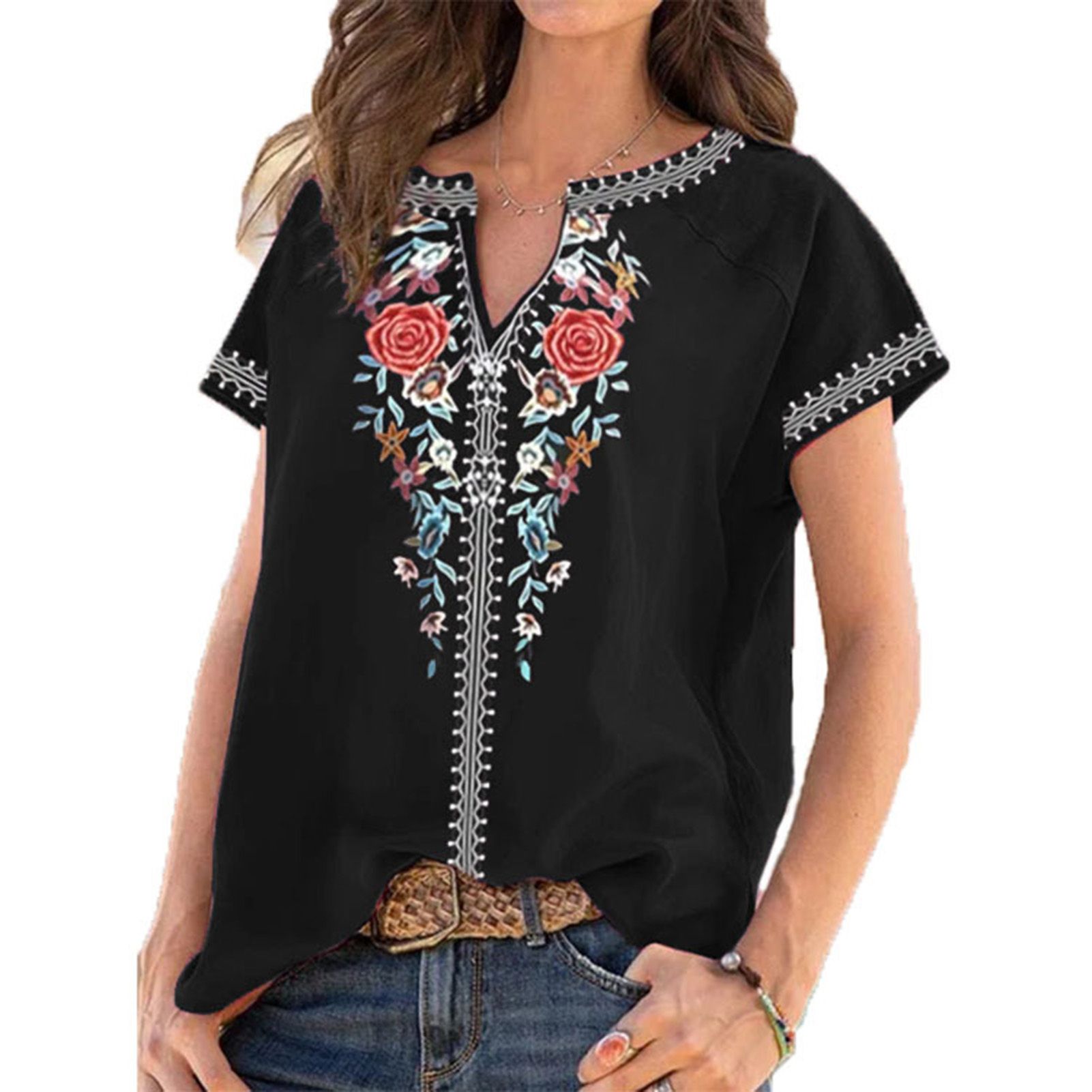 Women Blouse Ethnic Style Print Loose-fitting Pure Color T-shirt