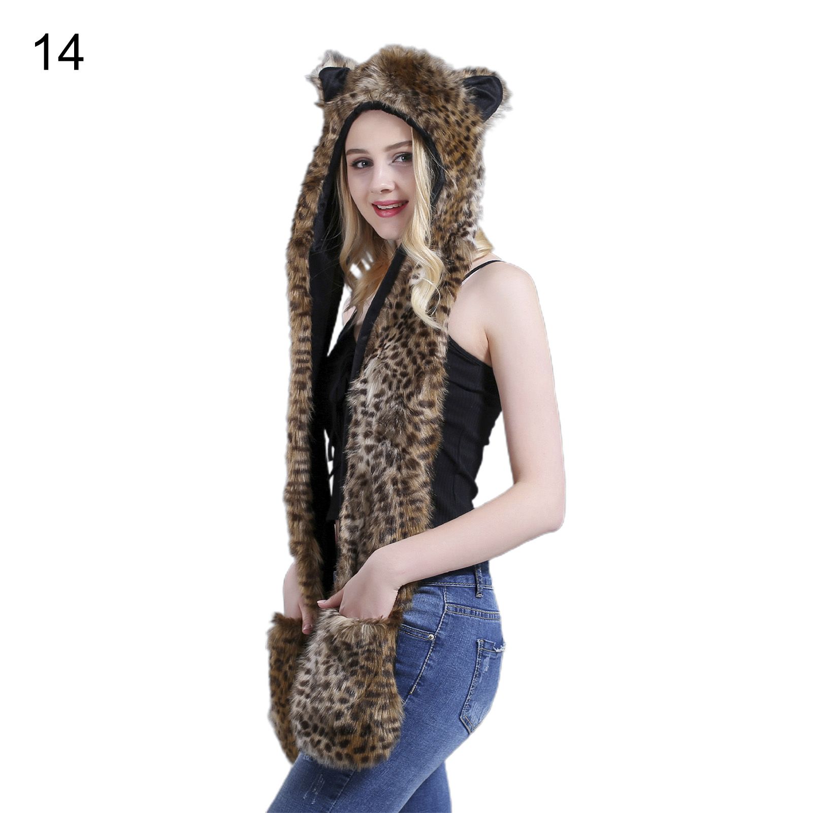 Fur Hood Scarf Universal Cartoon Animal Faux Fur Hoodie Hat Mitten