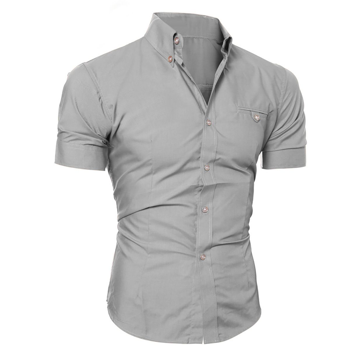 Fashion Men Solid Color Buttons Down Shirt Short Sleeve Slim Fit Lapel Tops