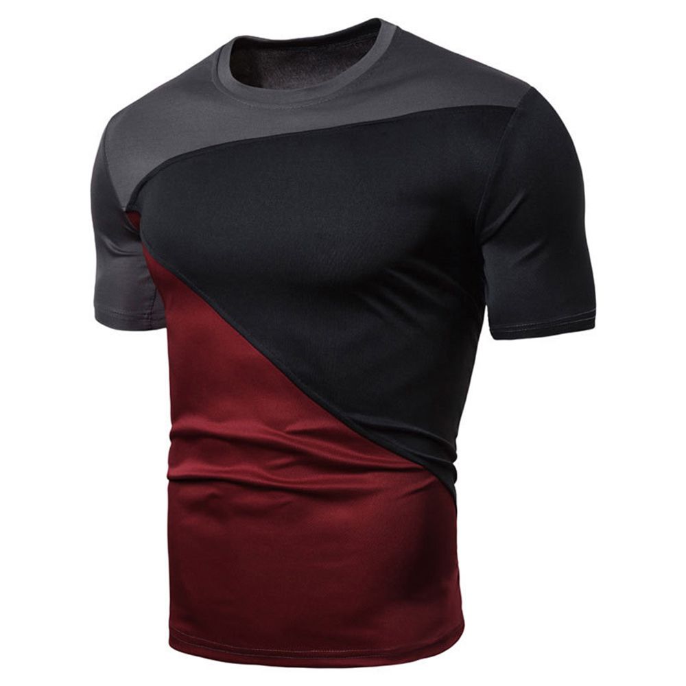 Fashion Men Color Blocking T-Shirt Short Sleeve Round Neck Casual Pullover Top
