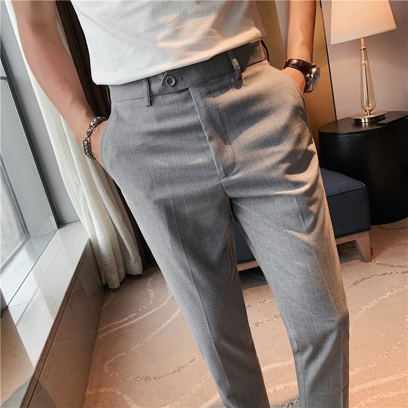 British Style Men Suit Pants Fashion 2021 Spring Summer Business Striped Pants Men Slim Fit Ankle Length Office Trousers Men 36