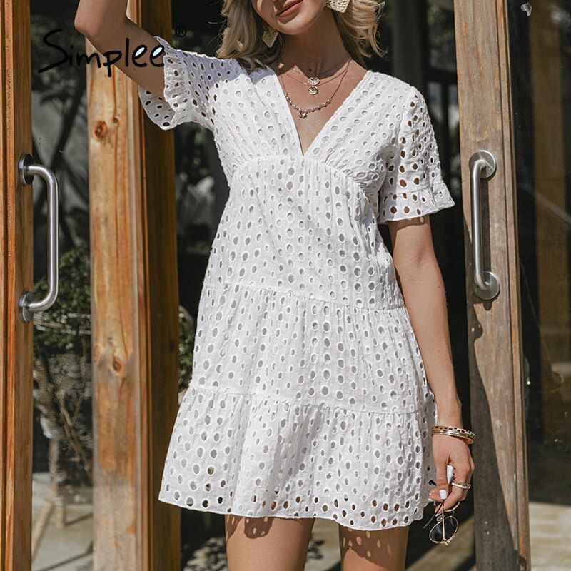 Simplee v-neck lace stitching white dress summer new Short-sleeve solid women dress casual Fashion boho A-line dress