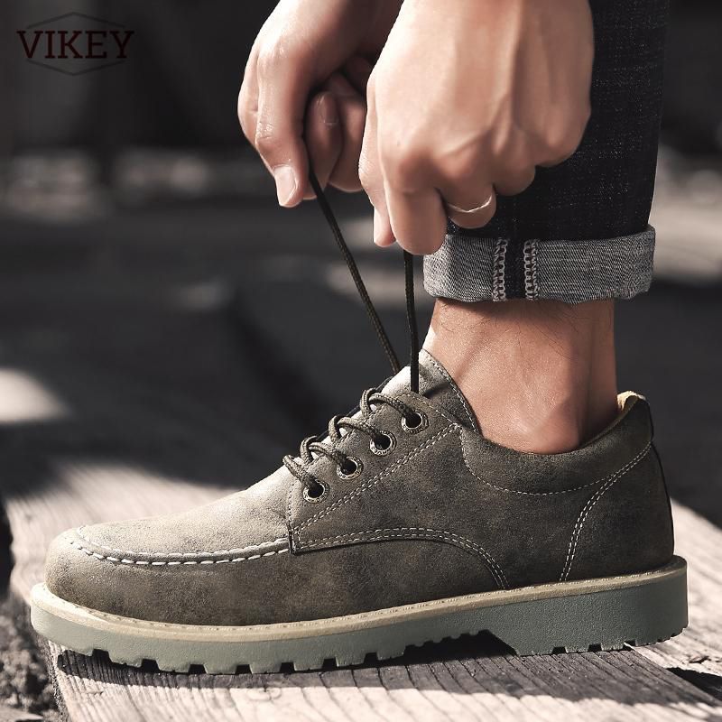 Vikey Men Casual Shoes for Male Leather Work Shoe Safety British Style Oxford Fashion Footwear (Black,Grey,Khaki)
