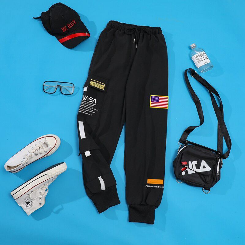Men Cargo Pants USA Flag Printed Streetwear Space Trousers Drawstring Sweatpants Jogger Hop Cargo Sport Track Pants
