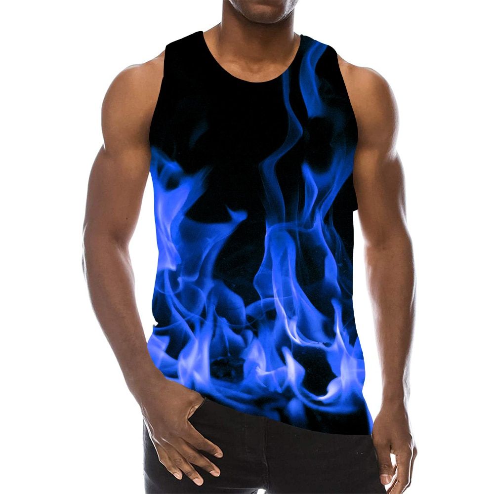 Men's Blue Graphic Sleeveless 3D Top Holiday Tees Flame TaTops Gym Boys Streetwear Novelty Vest