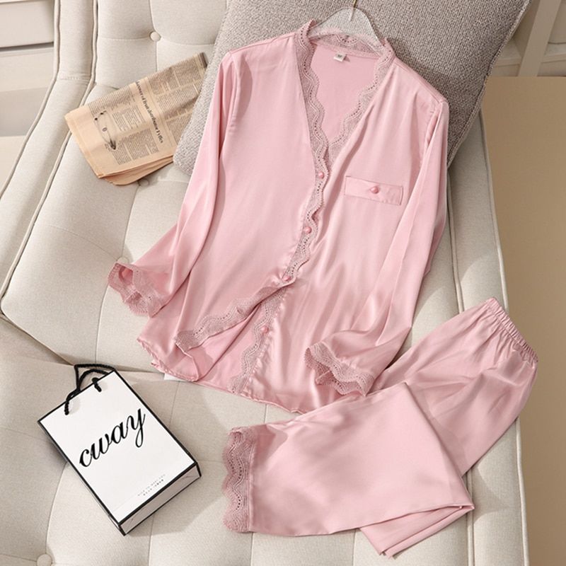 Lace Woman Pajamas Set  Pieces Spring Autumn Sleepwear Elegant Solid Color V-neck Ice Silk Homewear