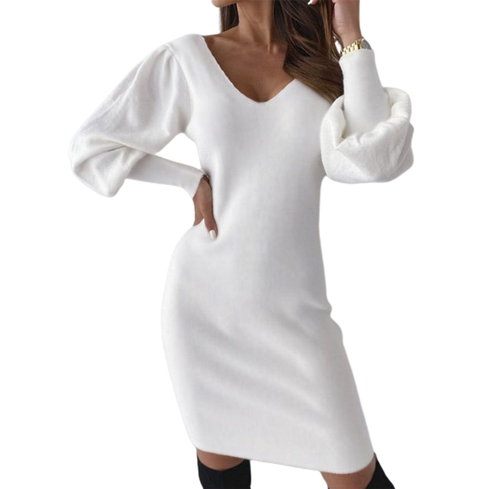 Women Dress Stretchy Double V-Neck Bk Hollow Party Dress