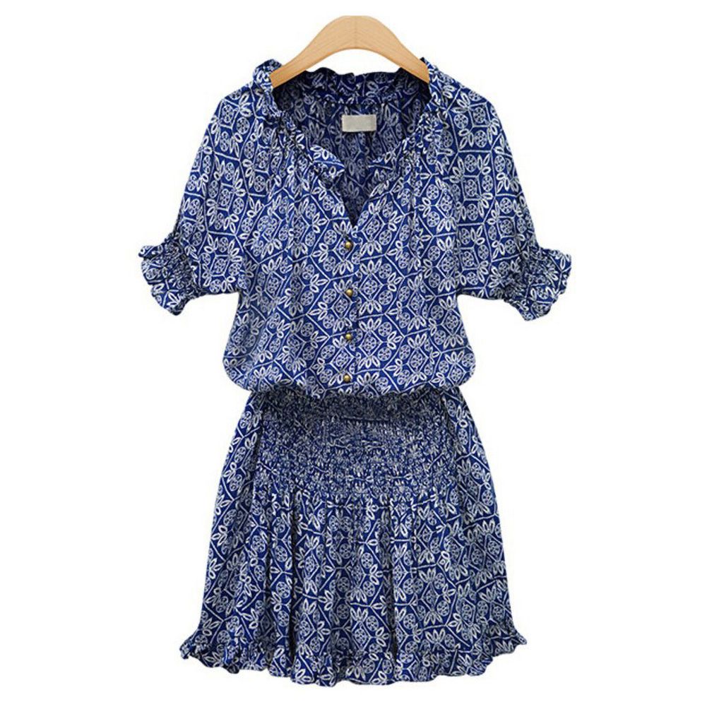 Women Short Sleeve V Neck Buttons Large Hem Mini Dress