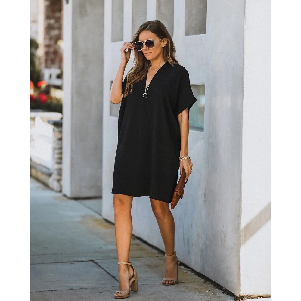Summer Dress Women Casual Loose Dresses V Neck Mini Dress For Women Retro Short Sleeve Red Basic Dress Femme Robes Y2K Plus Size