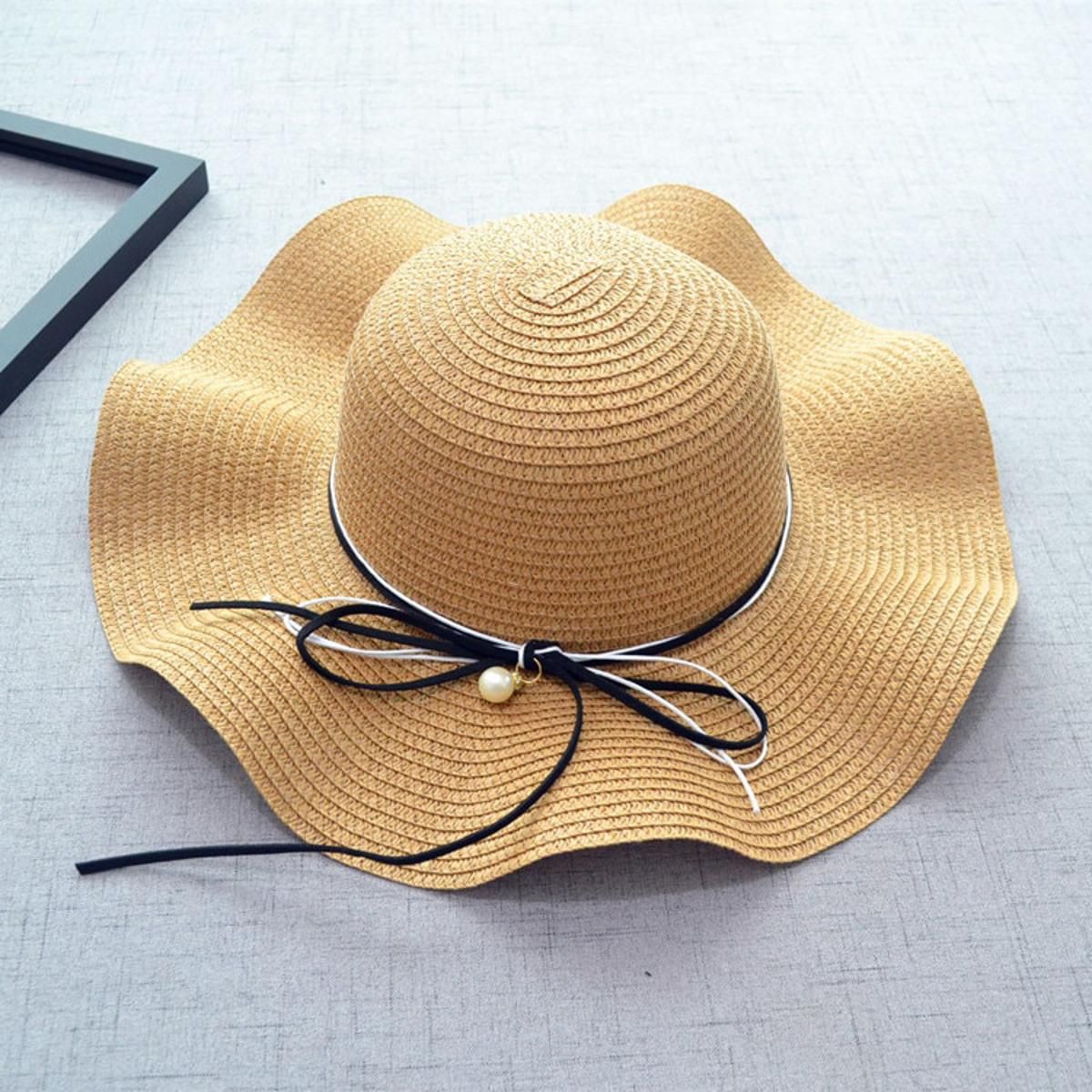 Spring and Summer Bowknot Pearl Outdoor Sunshade Straw Hat Fashion Wave Side Women Large Foldable Beach Cap