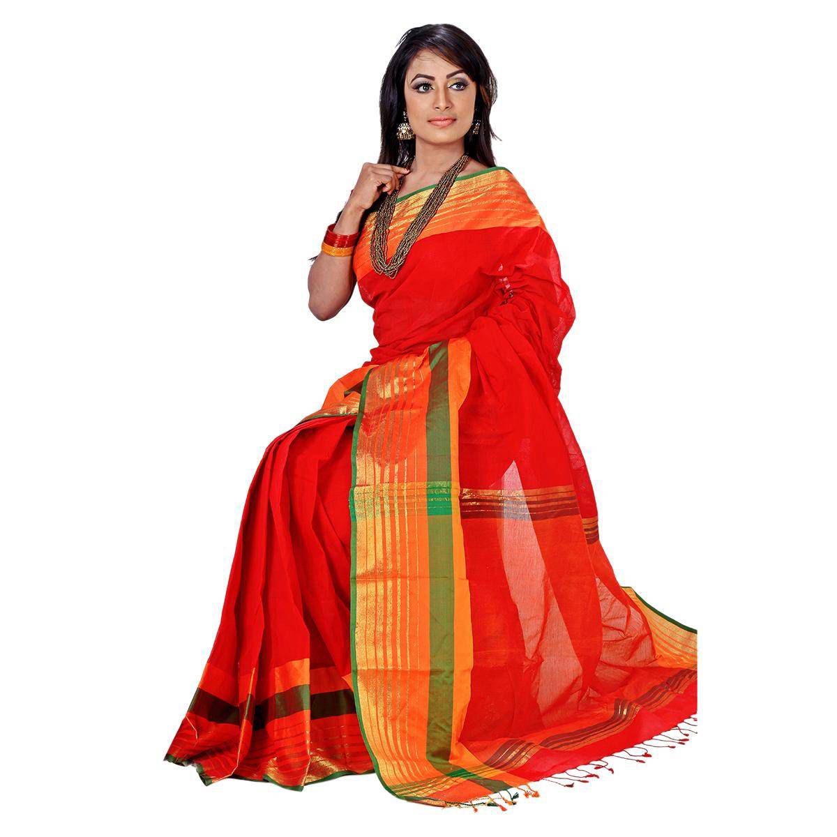 Orange and Green Cotton Saree with Blouse Piece for Women (from Tangail)