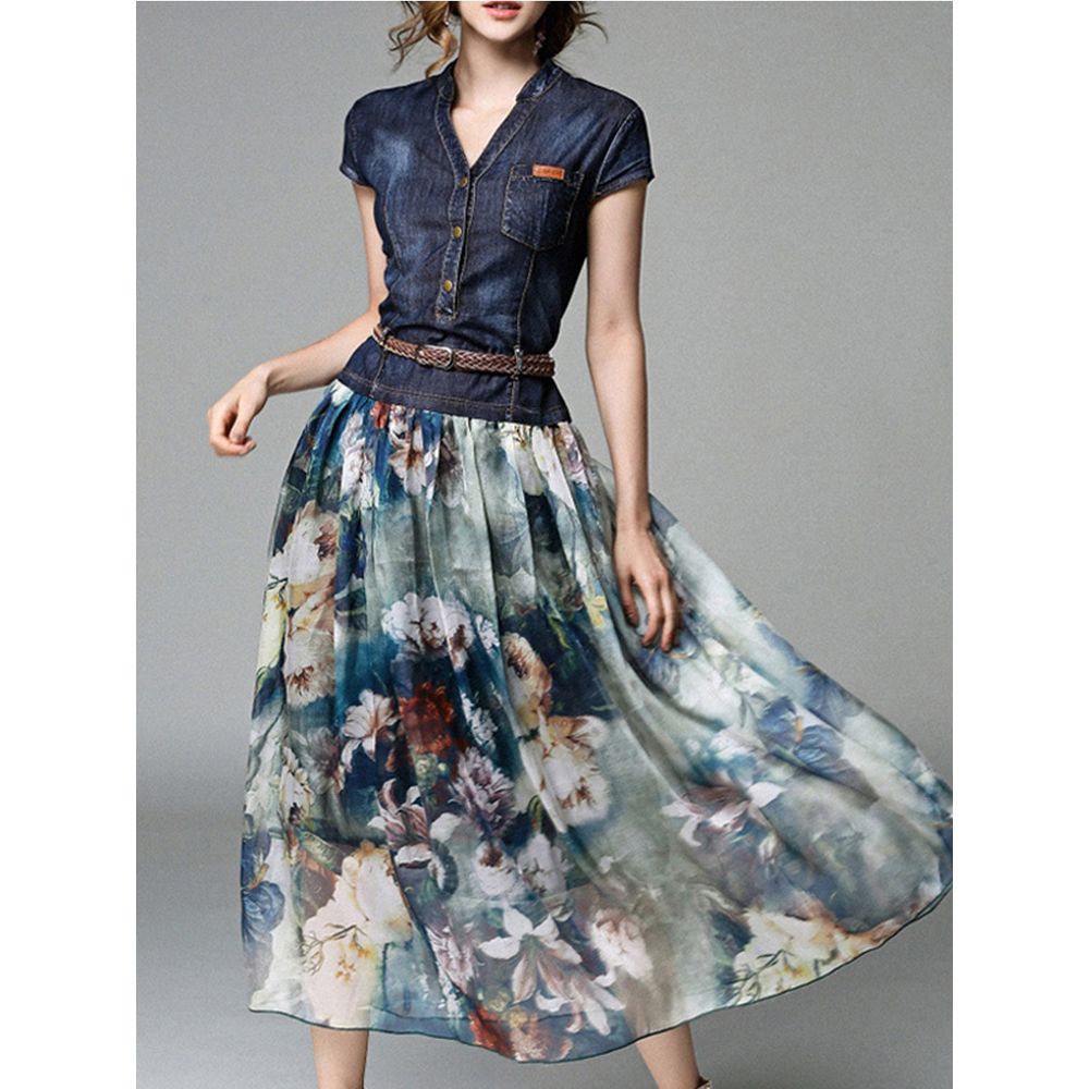 2021 Denim Dress Long Women's Casual Chiffon Patchwork Floral Print Summer New Female Maxi Dresses With Belt Japan Fashion Style