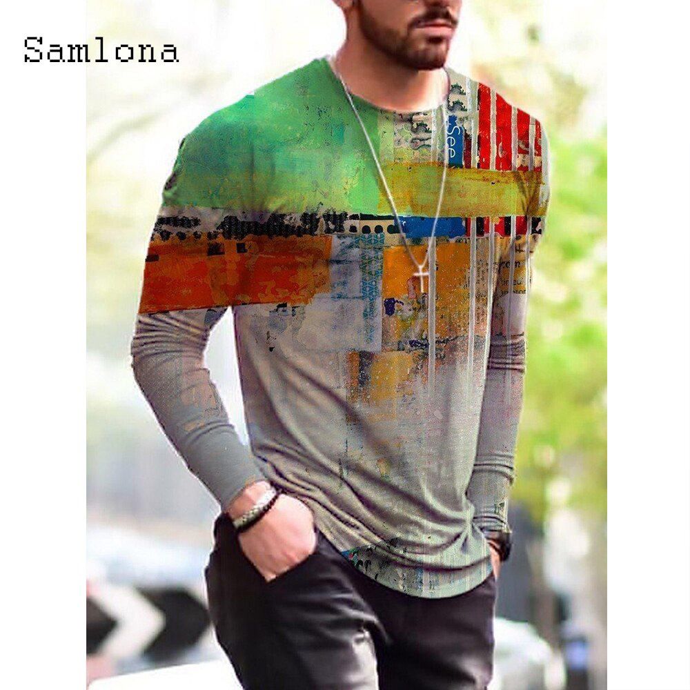 Samlona New Patchwork T-shirt Long Sleeve Fashion 3D Print Tops Summer Casual Pullovers Sexy Mens clothing Plus Size S-3XL