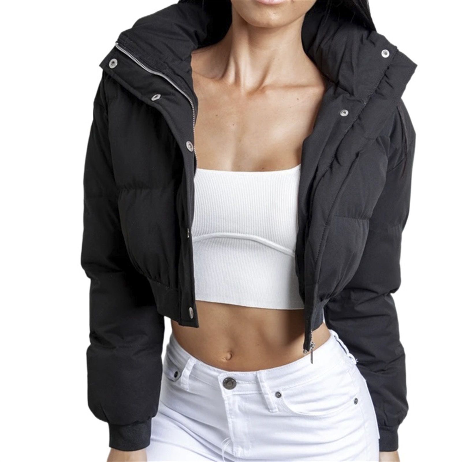 Women Short Puffer Jacket, Adults Solid Color Long Sleeve Stand Collar Outerwear with Pockets