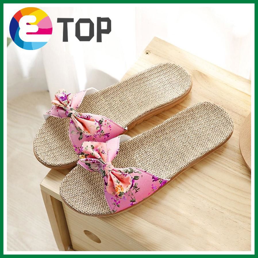 House Slippers Women Casual Female Bohemia Bowknot Flax Linen Flip Flops Beach Shoes Sandals Slipper