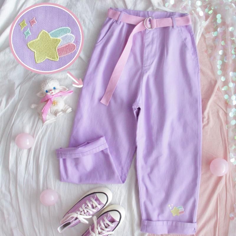 Japanese High Waist Cute Casual Purple Pants Korean Kawaii Girls Wide Leg Trousers cartoon embroidery Denim Pants Women