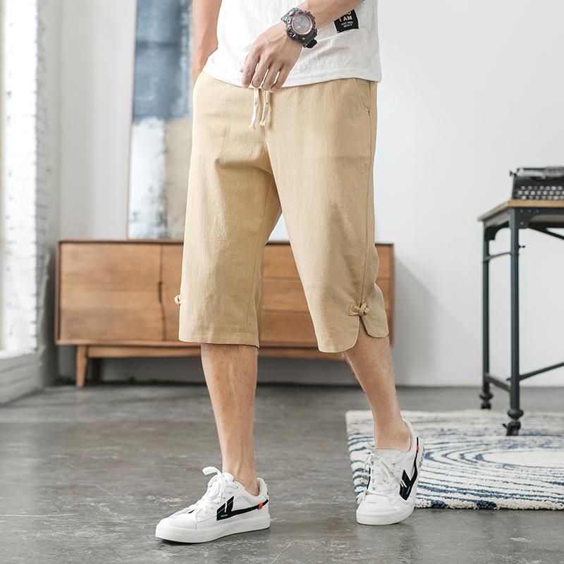 Elastic Waist Cropped Trousers Men Streetwear Linen Pants Men Plus Size Fashion Linen Capri Pants Casual Man