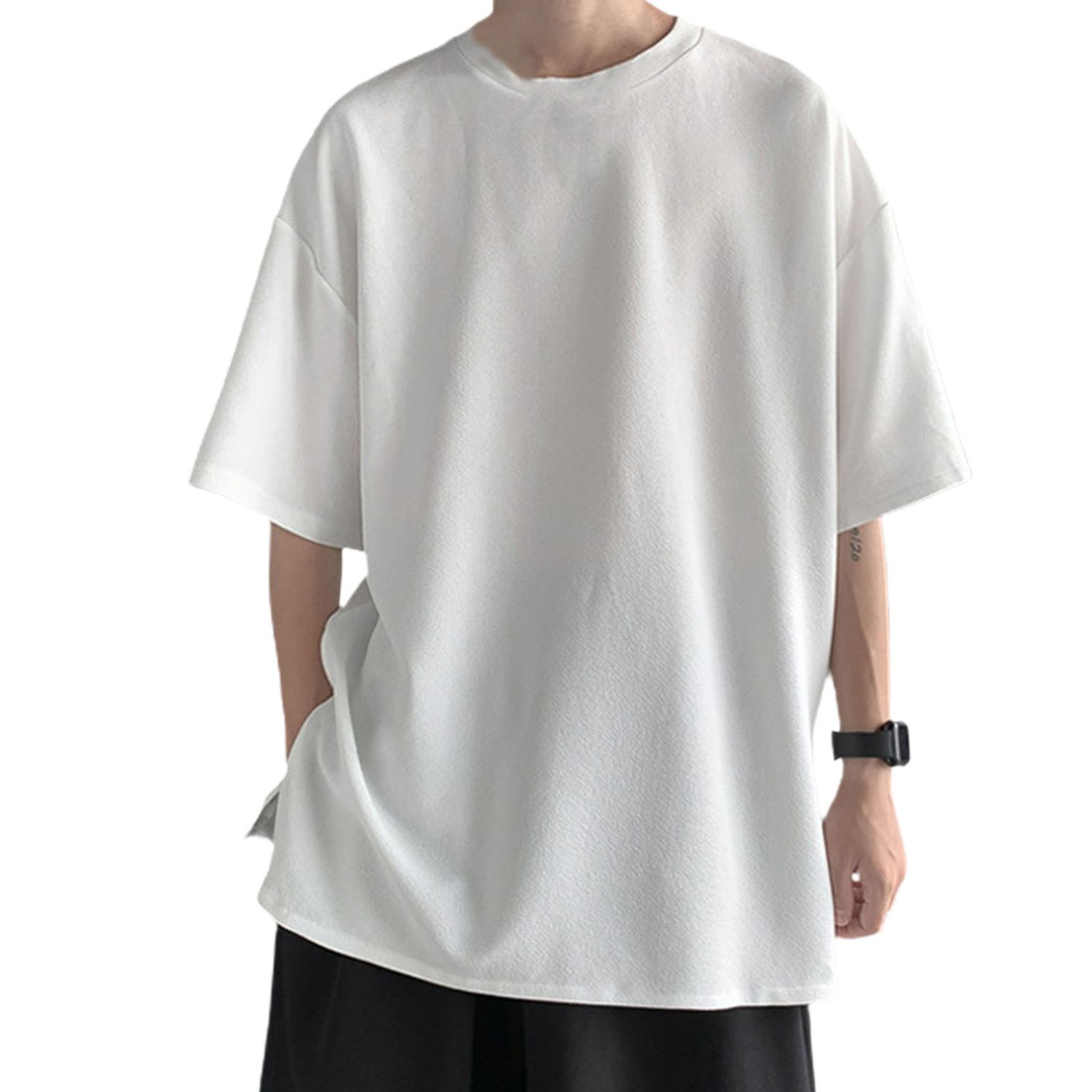 Men T-shirt Solid Color Side Breasted Summer Half Sleeve Round Neck Top for Dating