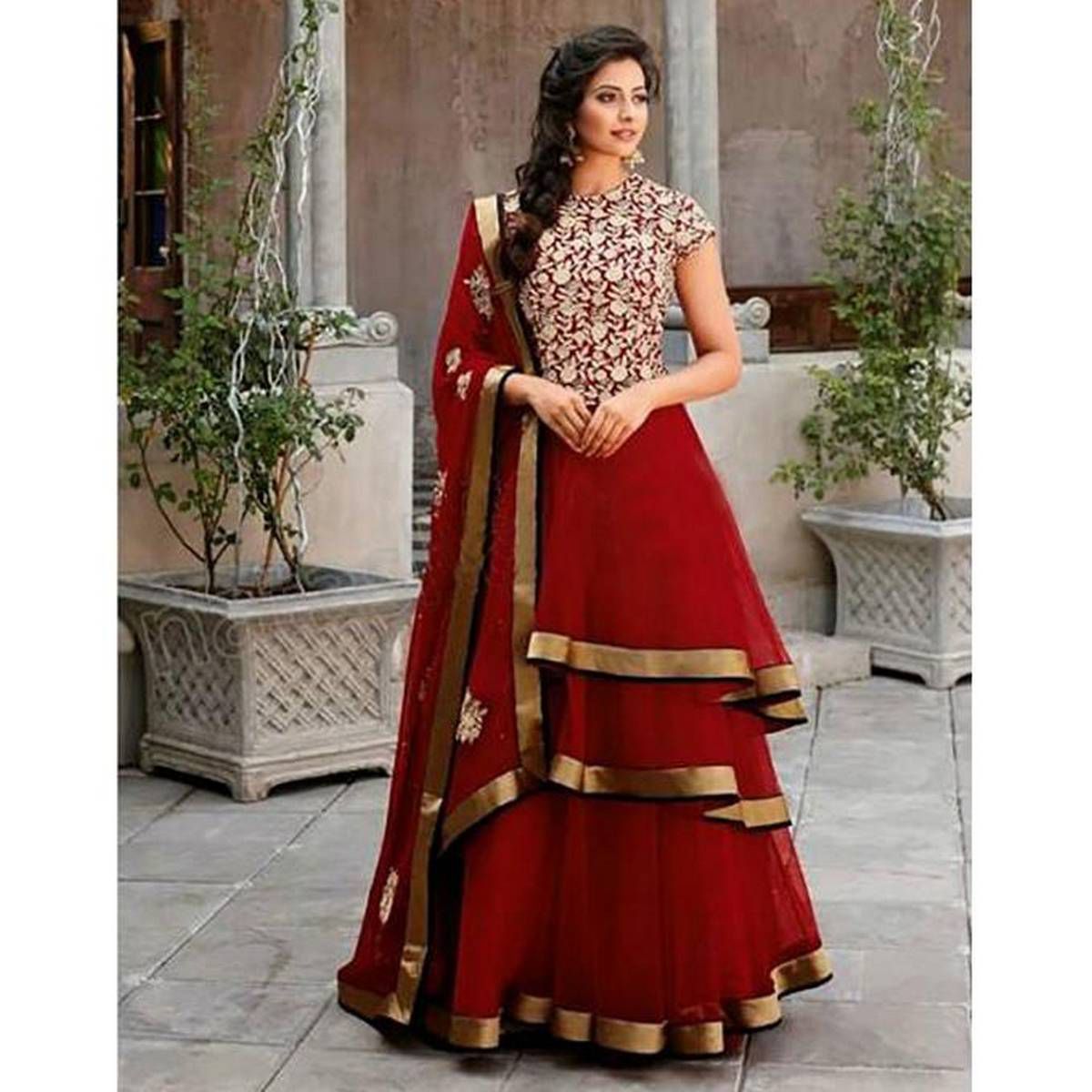 Maroon Georgette Semi Stitched Gown for Women