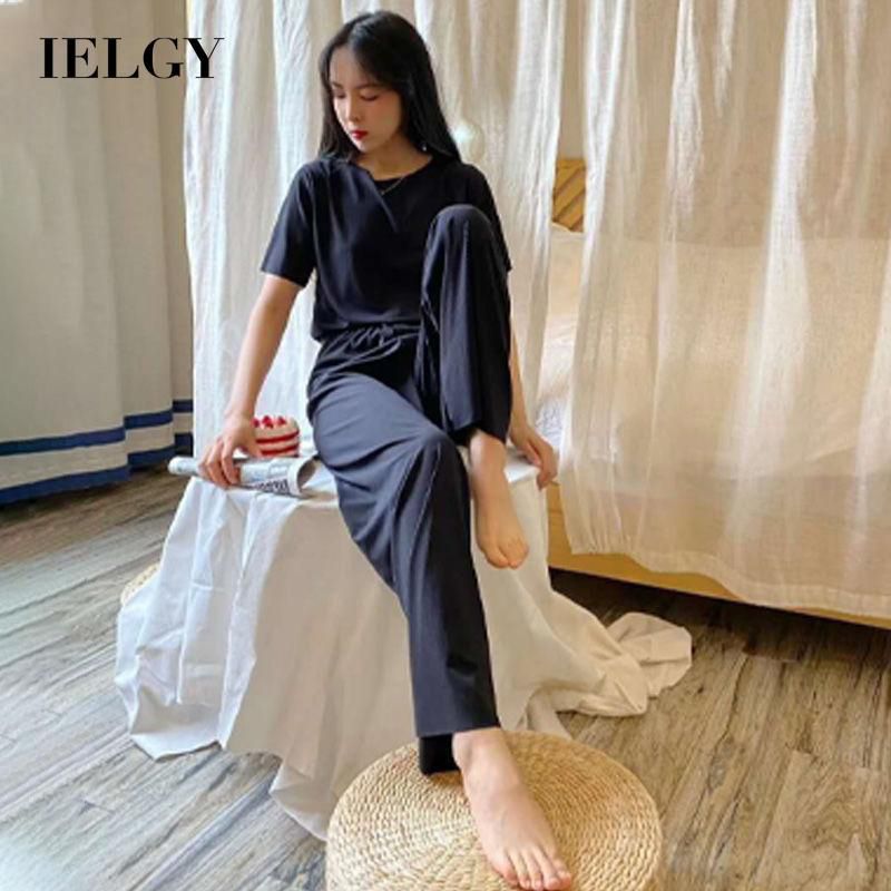 IELGY Women's clothes fashion all-match casual black two pieces solid color suit cotton loose